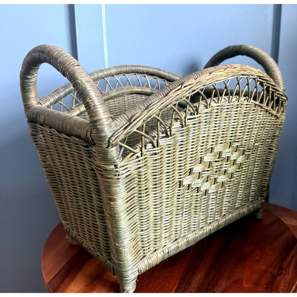 Vintage Woven Rattan Magazine Basket Sage Green‎ Handles 17.5